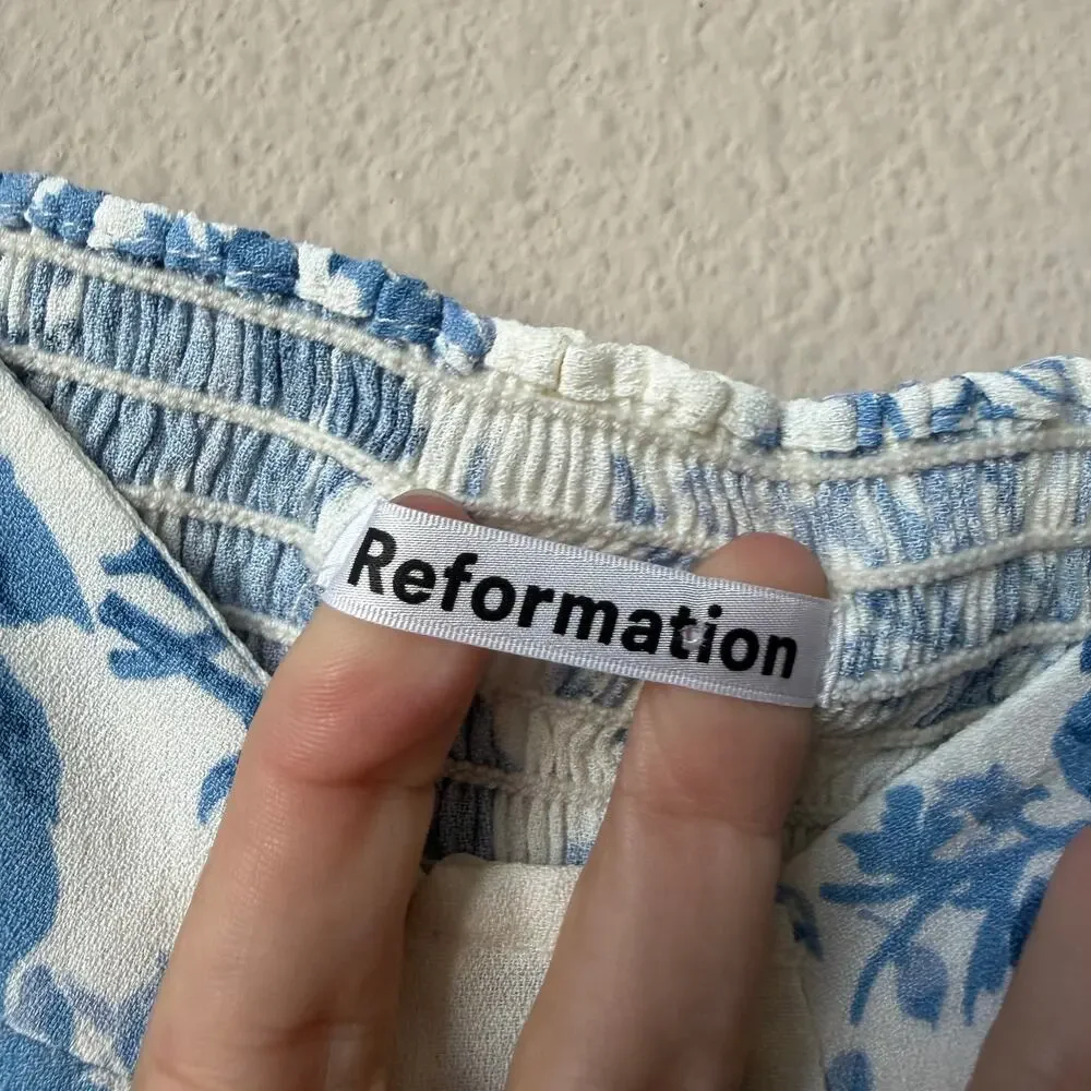 Reformation Reign Olympia Blue White Floral Long Sleeve Top Size 6